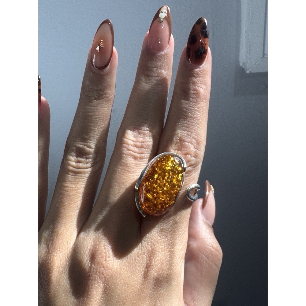 Vintage 925 Sterling Silver & Baltic Amber Ring Sz 8 ADJUSTABLE - Picture 6 of 12